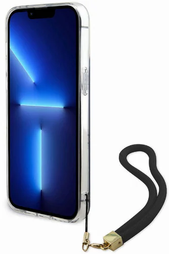 Apple iPhone 15 Pro Kılıf Guess Orjinal Lisanslı Desenli Yazı Logolu Askı İpli Holografik Glitter Peony Kapak - Siyah