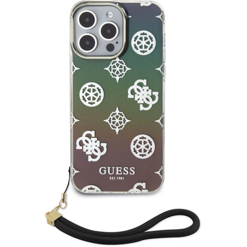 Apple iPhone 15 Pro Kılıf Guess Orjinal Lisanslı Desenli Yazı Logolu Askı İpli Holografik Glitter Peony Kapak - Turkuaz