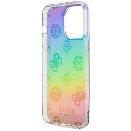 Apple iPhone 15 Pro Kılıf Guess Orjinal Lisanslı Desenli Yazı Logolu Askı İpli Holografik Glitter Peony Kapak - Turkuaz