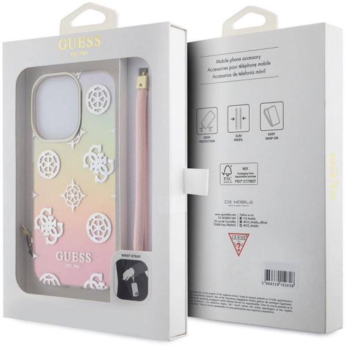 Apple iPhone 15 Pro Kılıf Guess Orjinal Lisanslı Desenli Yazı Logolu Askı İpli Holografik Glitter Peony Kapak - Pembe
