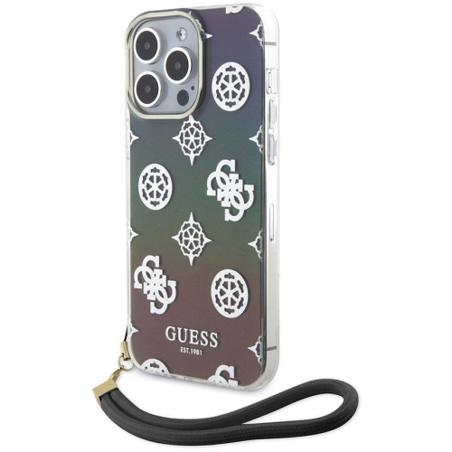 Apple iPhone 15 Pro Kılıf Guess Orjinal Lisanslı Desenli Yazı Logolu Askı İpli Holografik Glitter Peony Kapak - Siyah