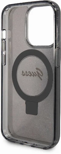 Apple iPhone 15 Pro Kılıf Guess Orjinal Lisanslı Magsafe Şarj Özellikli Simli Arka Yüzey Ring Standlı Kapak - Siyah