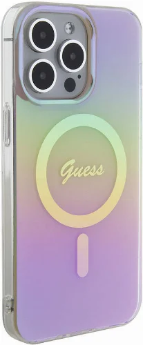 Apple iPhone 15 Pro Kılıf Guess Orjinal Lisanslı Magsafe Şarj Özellikli Yazı Logolu Iridescent Kapak - Pembe