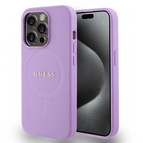 Apple iPhone 15 Pro Kılıf Guess Orjinal Lisanslı Magsafe Şarj Özellikli Yazı Logolu Saffiano Kapak - Mor