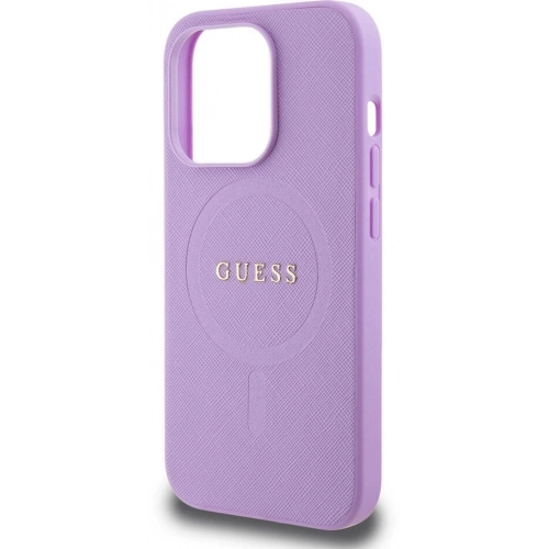 Apple iPhone 15 Pro Kılıf Guess Orjinal Lisanslı Magsafe Şarj Özellikli Yazı Logolu Saffiano Kapak - Mor