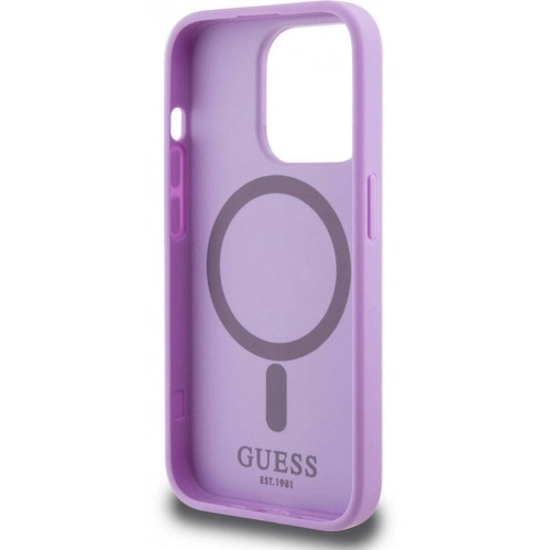 Apple iPhone 15 Pro Kılıf Guess Orjinal Lisanslı Magsafe Şarj Özellikli Yazı Logolu Saffiano Kapak - Mor