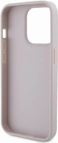 Apple iPhone 15 Pro Kılıf Guess Orjinal Lisanslı PU Deri Taşlı Üçgen Logo 4G Desenli Strass Kapak - Pembe
