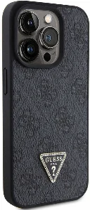 Apple iPhone 15 Pro Kılıf Guess Orjinal Lisanslı PU Deri Taşlı Üçgen Logo 4G Desenli Strass Kapak - Siyah