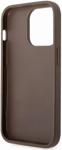 Apple iPhone 15 Pro Kılıf Guess Orjinal Lisanslı PU Deri Yazı ve 4G Metal Logolu Desenli Kapak - Kahverengi