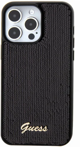 Apple iPhone 15 Pro Kılıf Guess Orjinal Lisanslı Pullu Arka Yüzey Metal Yazı Logolu Sequin Script Kapak - Siyah