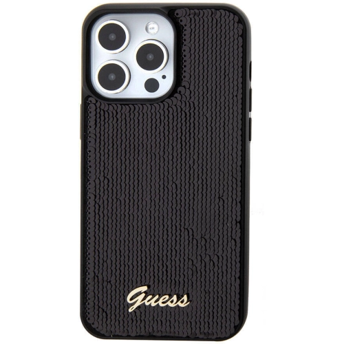 Apple iPhone 15 Pro Kılıf Guess Orjinal Lisanslı Pullu Arka Yüzey Metal Yazı Logolu Sequin Script Kapak - Siyah