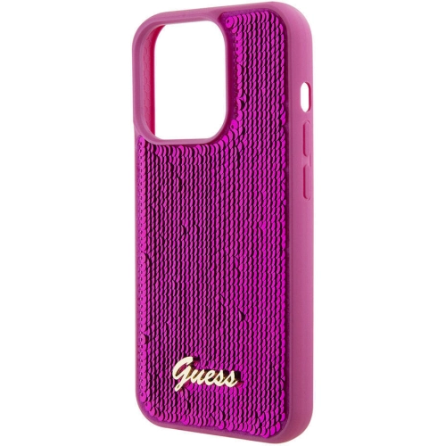 Apple iPhone 15 Pro Kılıf Guess Orjinal Lisanslı Pullu Arka Yüzey Metal Yazı Logolu Sequin Script Kapak - Pembe