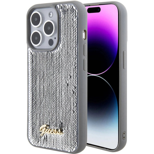 Apple iPhone 15 Pro Kılıf Guess Orjinal Lisanslı Pullu Arka Yüzey Metal Yazı Logolu Sequin Script Kapak - Gümüş