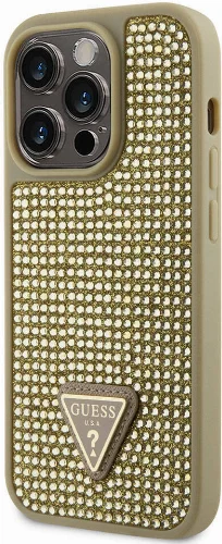 Apple iPhone 15 Pro Kılıf Guess Orjinal Lisanslı Taşlı Arka Yüzey Üçgen Logolu Kapak - Gümüş