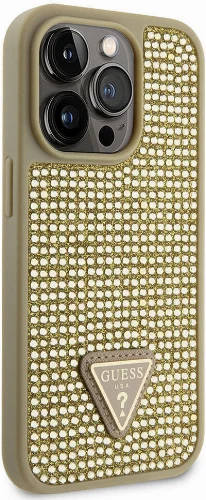 Apple iPhone 15 Pro Kılıf Guess Orjinal Lisanslı Taşlı Arka Yüzey Üçgen Logolu Kapak - Gümüş
