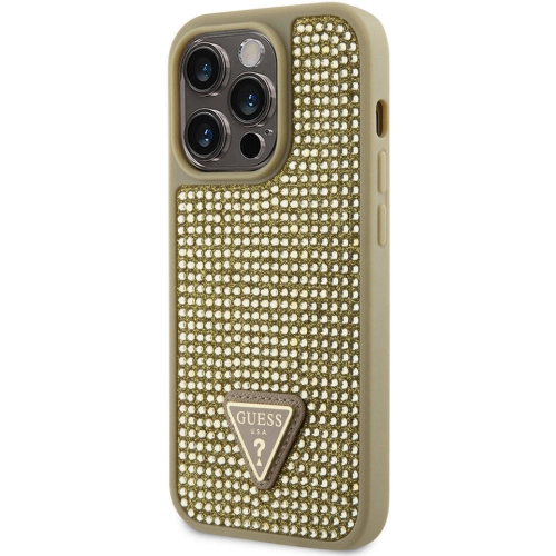 Apple iPhone 15 Pro Kılıf Guess Orjinal Lisanslı Taşlı Arka Yüzey Üçgen Logolu Kapak - Gold