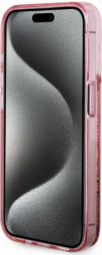 Apple iPhone 15 Pro (6.1) Kılıf Guess Orjinal Lisanslı Transparan Sıvılı Simli Altın Çizgili Kapak - Pembe