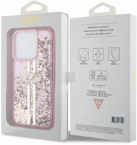Apple iPhone 15 Pro (6.1) Kılıf Guess Orjinal Lisanslı Transparan Sıvılı Simli Altın Çizgili Kapak - Mor