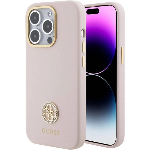 Apple iPhone 15 Pro Kılıf Guess Orjinal Lisanslı Yazı ve Taşlı 4G Logolu Metal Kamera Çerçeveli Silikon Kapak - Pembe