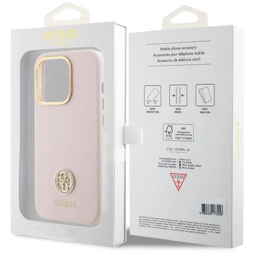 Apple iPhone 15 Pro Kılıf Guess Orjinal Lisanslı Yazı ve Taşlı 4G Logolu Metal Kamera Çerçeveli Silikon Kapak - Pembe