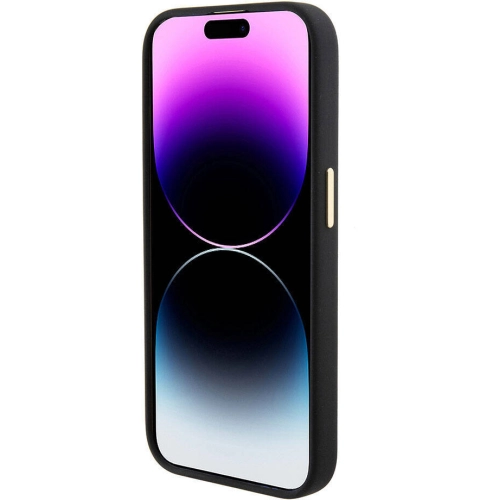 Apple iPhone 15 Pro (6.1) Kılıf Guess Orjinal Lisanslı Yazı ve Taşlı 4G Logolu Metal Kamera Çerçeveli Silikon Kapak - Siyah