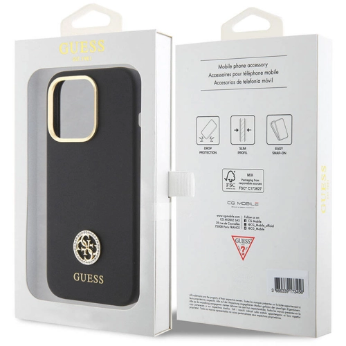 Apple iPhone 15 Pro (6.1) Kılıf Guess Orjinal Lisanslı Yazı ve Taşlı 4G Logolu Metal Kamera Çerçeveli Silikon Kapak - Siyah