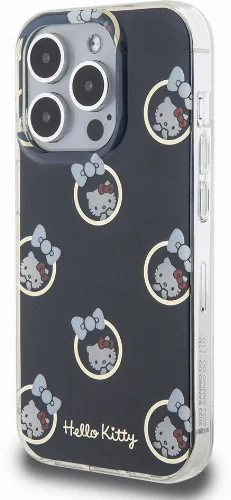 Apple iPhone 15 Pro (6.1) Kılıf Hello Kitty Orjinal Lisanslı Elektroplating Kaplama Kabarcık Baskılı Kapak - Siyah