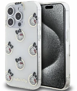 Apple iPhone 15 Pro (6.1) Kılıf Hello Kitty Orjinal Lisanslı Elektroplating Kaplama Kabarcık Baskılı Kapak - Beyaz