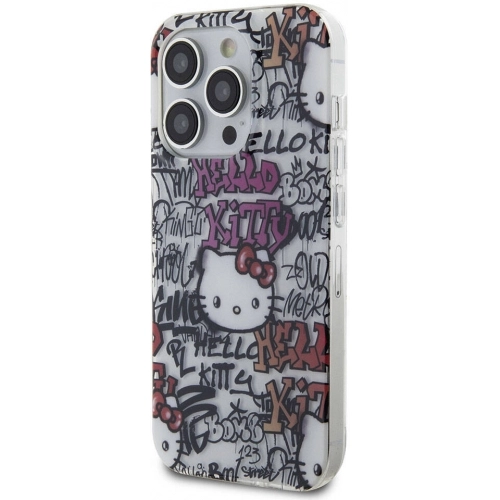 Apple iPhone 15 Pro Kılıf Hello Kitty Orjinal Lisanslı İkonik Logolu Etiket Graffiti Kapak - Beyaz