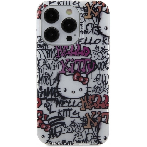 Apple iPhone 15 Pro Kılıf Hello Kitty Orjinal Lisanslı İkonik Logolu Etiket Graffiti Kapak - Beyaz