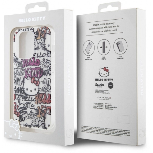 Apple iPhone 15 Pro Kılıf Hello Kitty Orjinal Lisanslı İkonik Logolu Etiket Graffiti Kapak - Beyaz