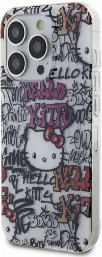 Apple iPhone 15 Pro (6.1) Kılıf Hello Kitty Orjinal Lisanslı İkonik Logolu Etiket Graffiti Kapak - Beyaz