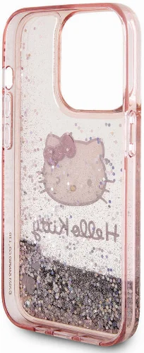 Apple iPhone 15 Pro (6.1) Kılıf Hello Kitty Orjinal Lisanslı İkonik Sıvılı Glitter Kapak - Pembe