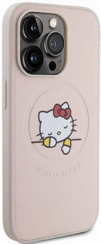 Apple iPhone 15 Pro (6.1) Kılıf Hello Kitty Orjinal Lisanslı Magsafe Şarj Özellikli Baskı Logolu Uyuyan Kitty Deri Kapak - Gümüş