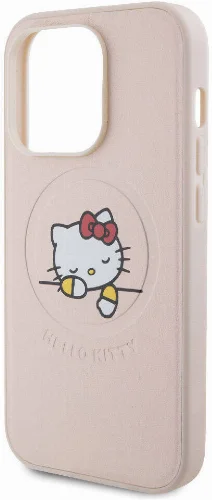 Apple iPhone 15 Pro (6.1) Kılıf Hello Kitty Orjinal Lisanslı Magsafe Şarj Özellikli Baskı Logolu Uyuyan Kitty Deri Kapak - Pembe