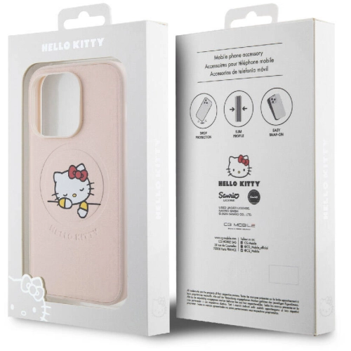 Apple iPhone 15 Pro (6.1) Kılıf Hello Kitty Orjinal Lisanslı Magsafe Şarj Özellikli Baskı Logolu Uyuyan Kitty Deri Kapak - Pembe