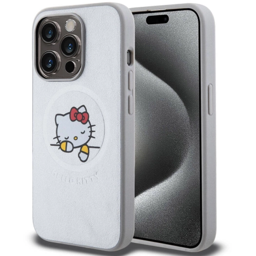 Apple iPhone 15 Pro (6.1) Kılıf Hello Kitty Orjinal Lisanslı Magsafe Şarj Özellikli Baskı Logolu Uyuyan Kitty Deri Kapak - Gümüş