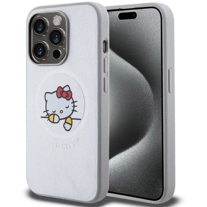 Apple iPhone 15 Pro (6.1) Kılıf Hello Kitty Orjinal Lisanslı Magsafe Şarj Özellikli Baskı Logolu Uyuyan Kitty Deri Kapak - Gümüş