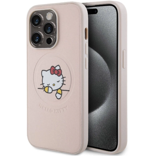 Apple iPhone 15 Pro (6.1) Kılıf Hello Kitty Orjinal Lisanslı Magsafe Şarj Özellikli Baskı Logolu Uyuyan Kitty Deri Kapak - Pembe