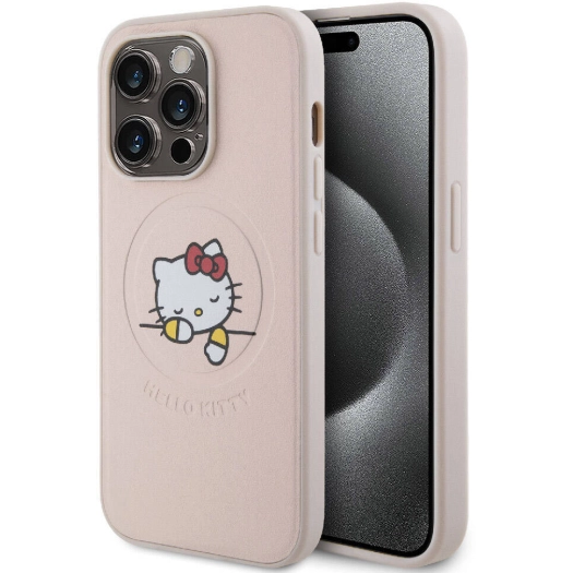Apple iPhone 15 Pro (6.1) Kılıf Hello Kitty Orjinal Lisanslı Magsafe Şarj Özellikli Baskı Logolu Uyuyan Kitty Deri Kapak - Pembe