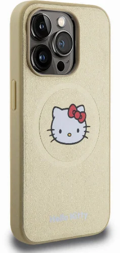 Apple iPhone 15 Pro (6.1) Kılıf Hello Kitty Orjinal Lisanslı Magsafe Şarj Özellikli Kitty Head Deri Kapak - Gold