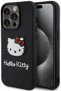 Apple iPhone 15 Pro (6.1) Kılıf Hello Kitty Orjinal Lisanslı Yazı ve İkonik Logolu 3D Rubber Kitty Head Kapak - Siyah
