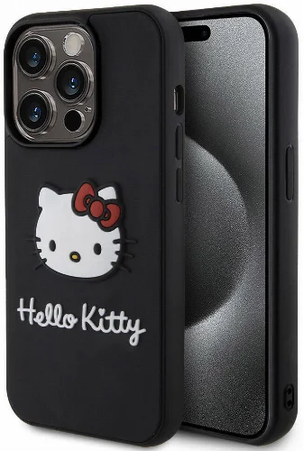 Apple iPhone 15 Pro (6.1) Kılıf Hello Kitty Orjinal Lisanslı Yazı ve İkonik Logolu 3D Rubber Kitty Head Kapak - Siyah