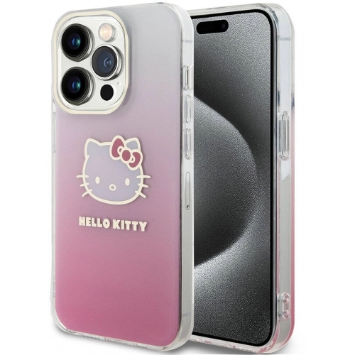Apple iPhone 15 Pro Kılıf Hello Kitty Orjinal Lisanslı Yazı ve İkonik Logolu Elektroplating Kaplama Gradyan Kapak - Mor