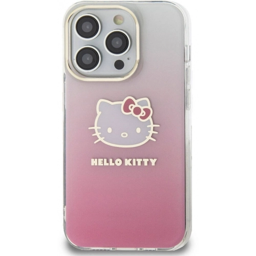 Apple iPhone 15 Pro Kılıf Hello Kitty Orjinal Lisanslı Yazı ve İkonik Logolu Elektroplating Kaplama Gradyan Kapak - Mor