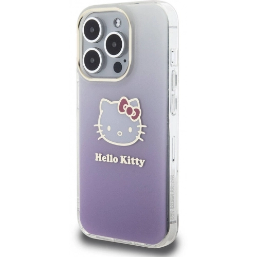 Apple iPhone 15 Pro Kılıf Hello Kitty Orjinal Lisanslı Yazı ve İkonik Logolu Elektroplating Kaplama Gradyan Kapak - Mor