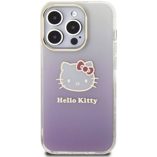 Apple iPhone 15 Pro Kılıf Hello Kitty Orjinal Lisanslı Yazı ve İkonik Logolu Elektroplating Kaplama Gradyan Kapak - Mor