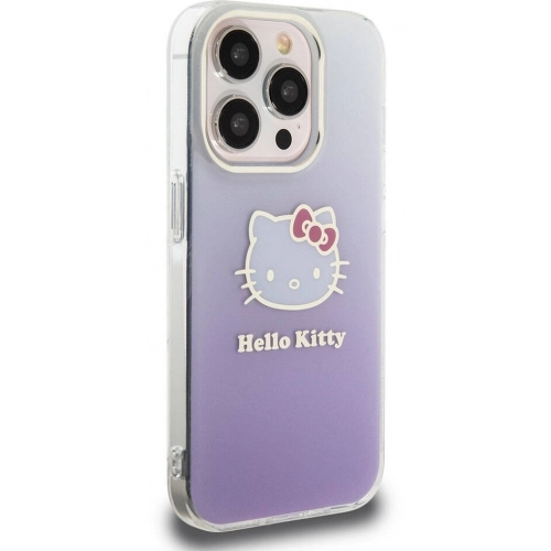 Apple iPhone 15 Pro Kılıf Hello Kitty Orjinal Lisanslı Yazı ve İkonik Logolu Elektroplating Kaplama Gradyan Kapak - Mor