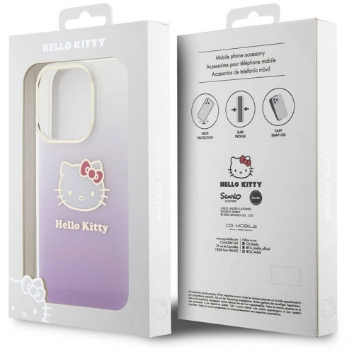 Apple iPhone 15 Pro Kılıf Hello Kitty Orjinal Lisanslı Yazı ve İkonik Logolu Elektroplating Kaplama Gradyan Kapak - Mor