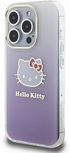 Apple iPhone 15 Pro (6.1) Kılıf Hello Kitty Orjinal Lisanslı Yazı ve İkonik Logolu Elektroplating Kaplama Gradyan Kapak - Mor